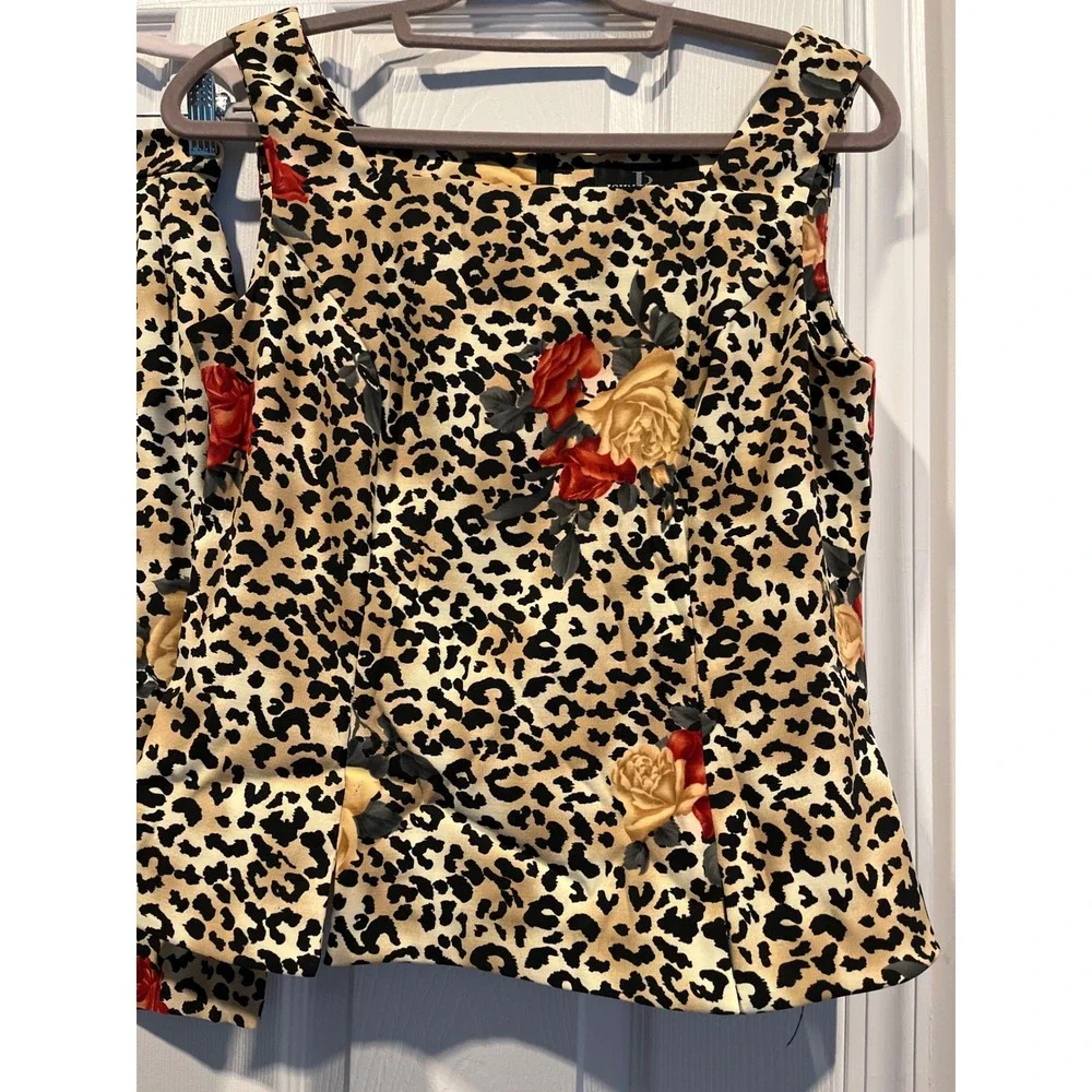 John Roberts Leopard Rose Print Skirt Set 2 Piece Sleeveless Peplum Top Size 10